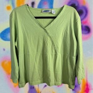 Green 3/4 sleeve V-neck top with a soft and stretchy feel Large